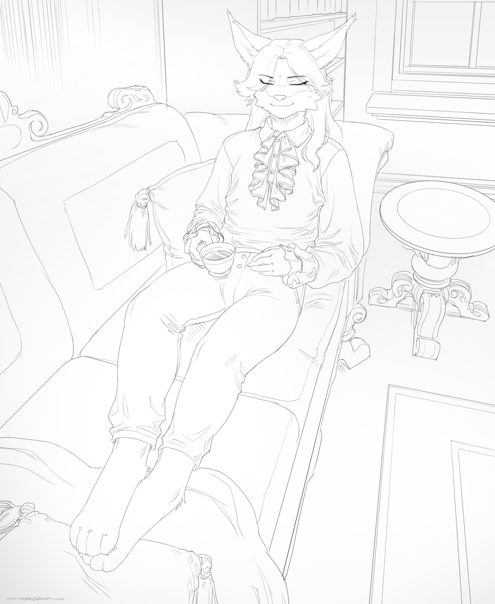 Rudy enjoying some tea while resting in a grand couch, a smile on his face.